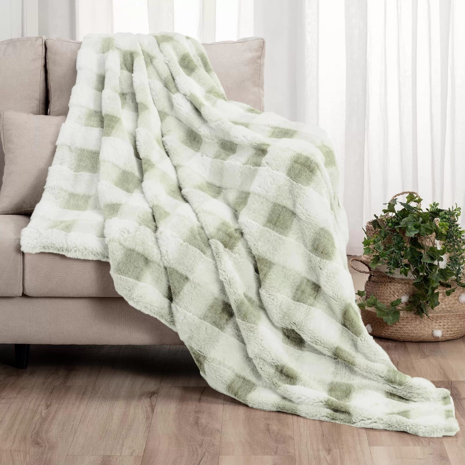 Manta sofá pelo cuadros VERDE- Vichy - Imagen 1